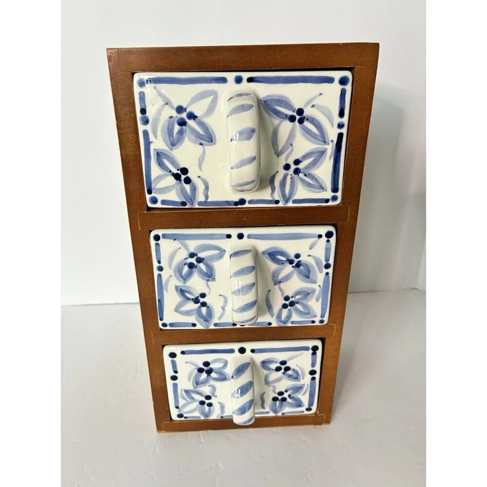 Vtg Lillian Vernon Wood Blue White Ceramic 3 Drawer Apothecary Tea Storage Chest